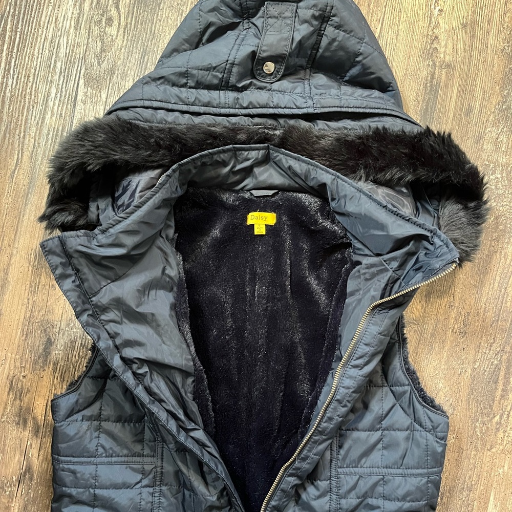Daisy Fashion Navy Blue Fuzzy Lined Vest Removable Hood Women’s Size Large - Picture 6 of 8